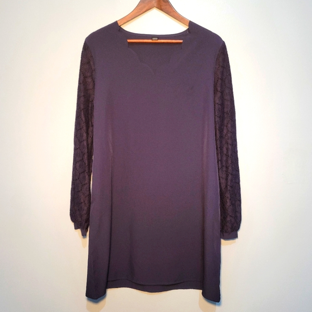 Shein Long Lace Sleeves Scalloped Neckline Navy Blue Tunic Dress Pockets Size L‎